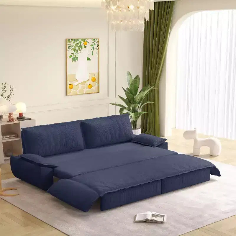 Queen Size 3-in-1 Convertible Sofa Bed with Pillows and Pull Out Frame, Modern Corduroy Sleeper Sofa for Living Room or Guest Room - Panipeachy