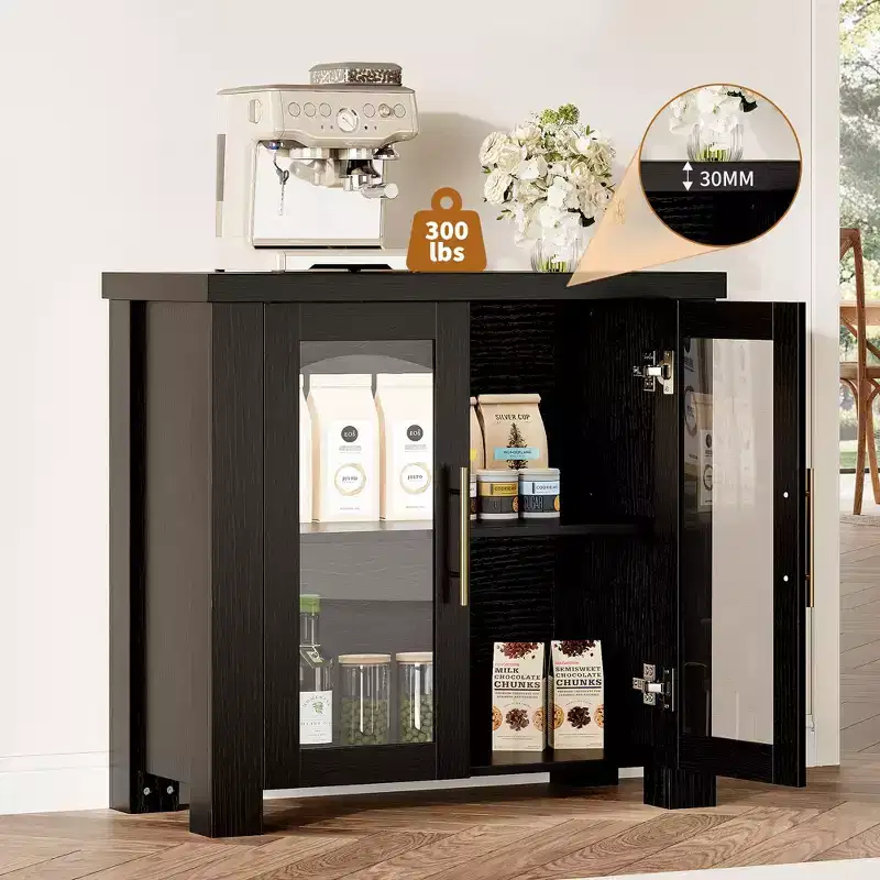 Sideboard Buffet Cabinet with Glass Doors, Modern Buffet Cabinet with Storage, Wood Buffet Table for Living Room, Dining Room and Kitchen