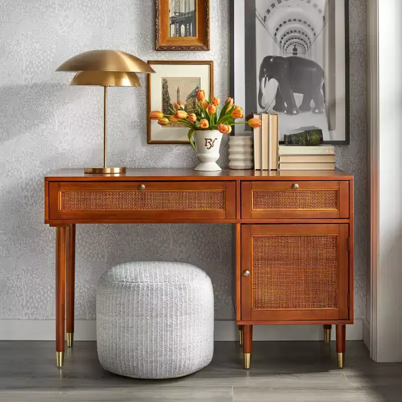 Mid-Century Walnut Desk with Faux Rattan Accents, 2 Drawers & Cabinet