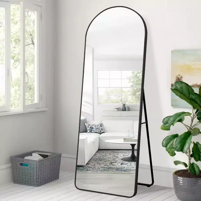 64x21 Aluminum Alloy Thin Frame Right Angle Arched Full Length HD Glass Floor Mirror Modern Decor for Bedroom Living Room Entryway Black