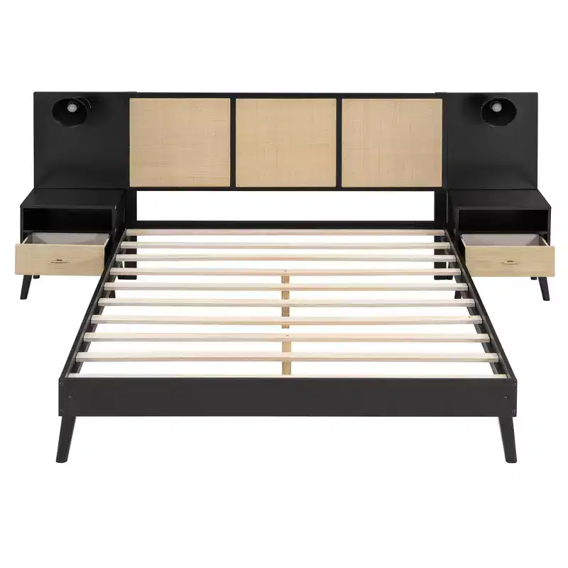 Queen Bed Frame with Rattan Headboard & Built-in Lights, 2 Bedside Tables with Drawers, Wood Platform Bed for Bedroom