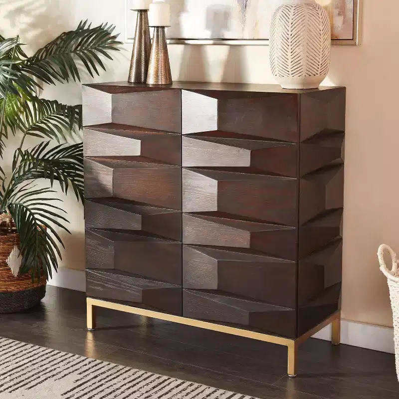Contemporary Bold Facet Carved Wood Side Cabinet Brown Arched Design, No Assembly Required