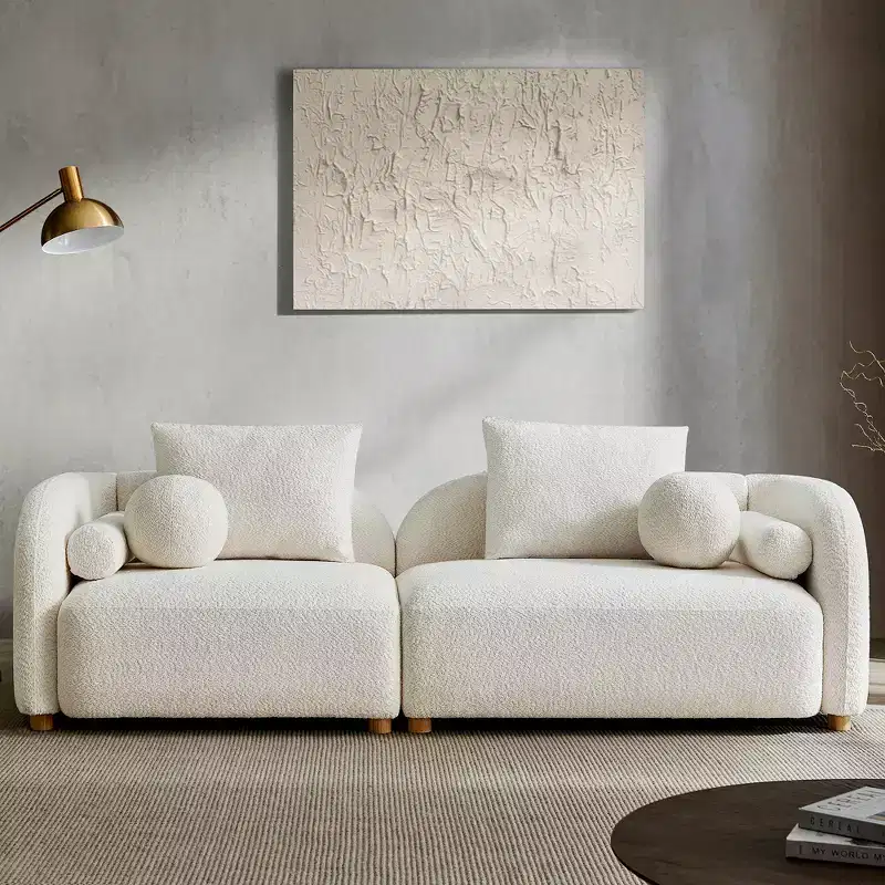 Modern Boucle Sofa with Extra-Thick Plush Cushion and Deeper Seat, 91.75W, Beige, Solid Wood Legs
