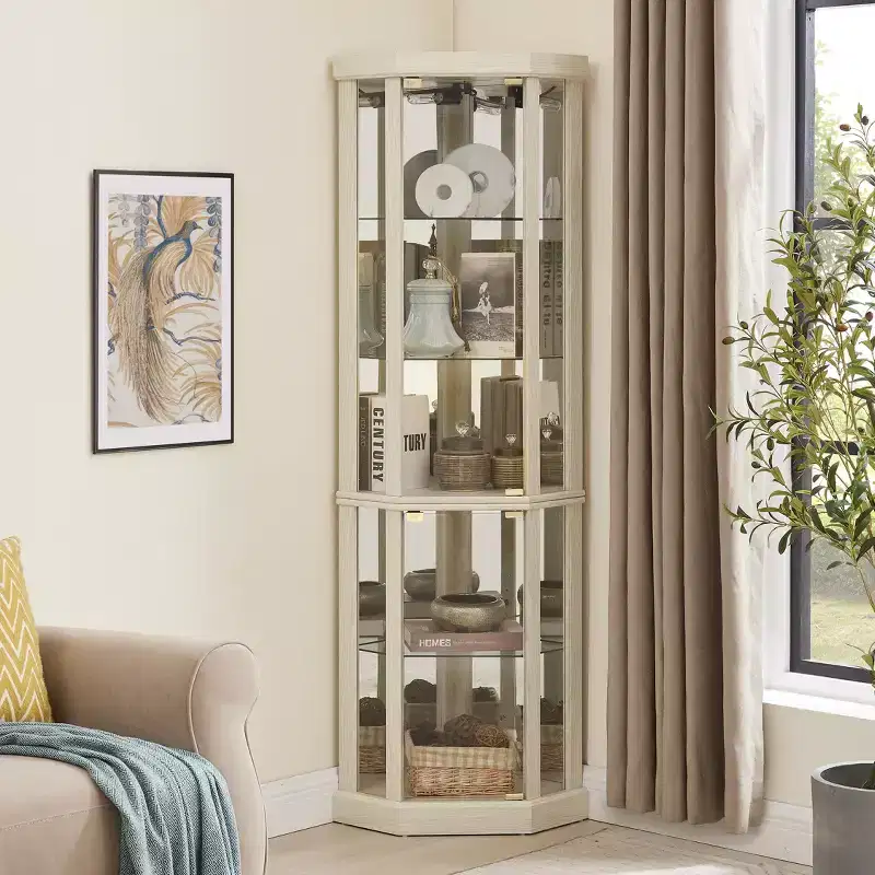 69 Lighted Corner Curio Cabinet with Tempered Glass Door & Shelves, LED Display Case Curved Wall Corner Storage Rack for Bar and Liquor Storage Area