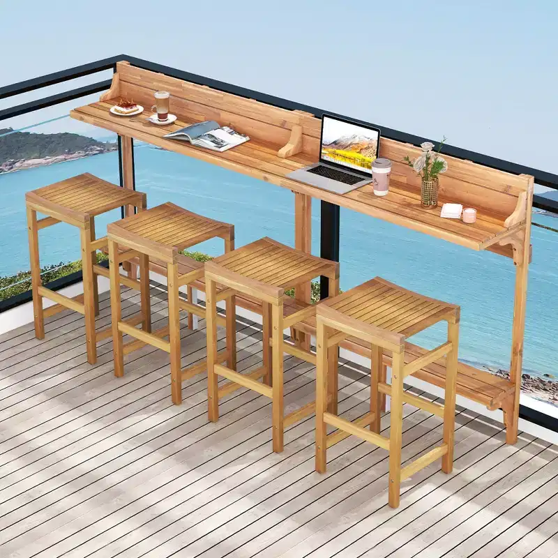 Costway 6 PCS Acacia Wood Balcony Table Set w/ Shelf Footrest Curved Wood Seat