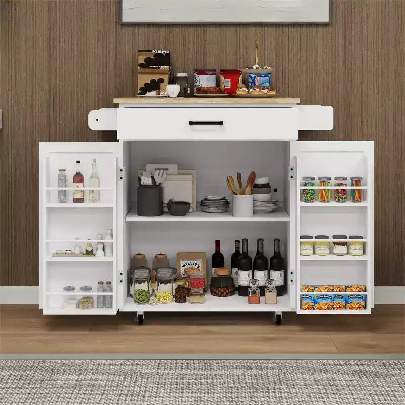 Kitchen Island Rolling Cart with Worktop, Spice Rack, Towel Rack & Drawer, Mobile Trolley Storage Cart for Kitchen Dining Room