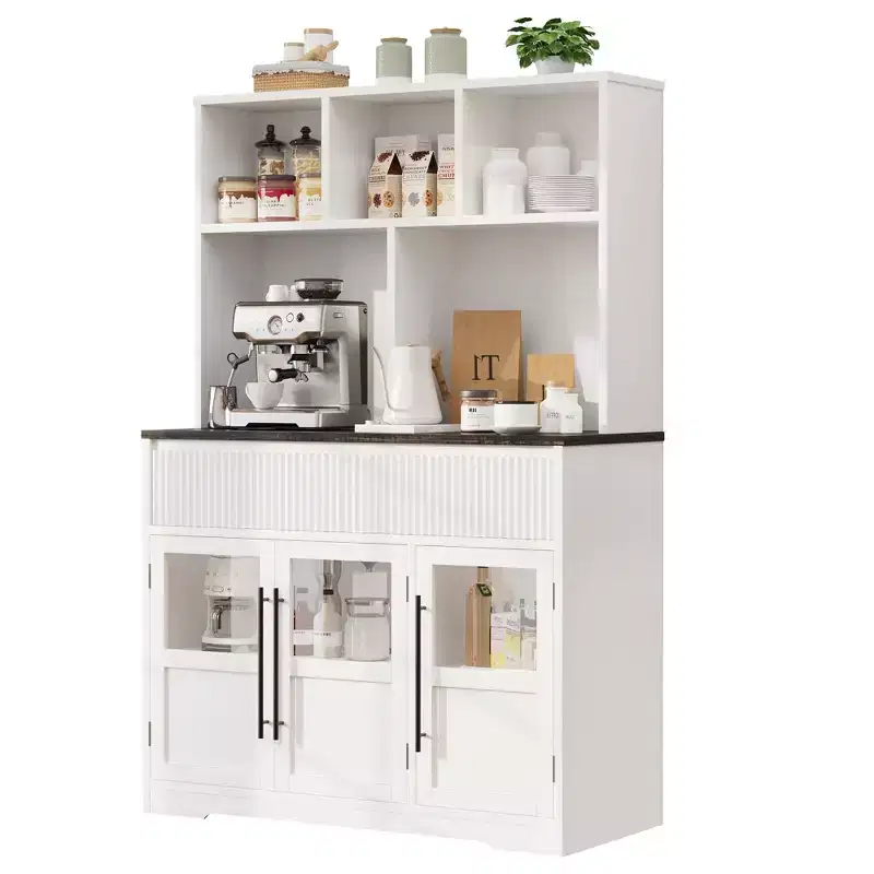 Pantry Cabinet, 60'' Tall White Farmhouse Kitchen Pantry Storage Cabinet with Drawers & Glass Doors