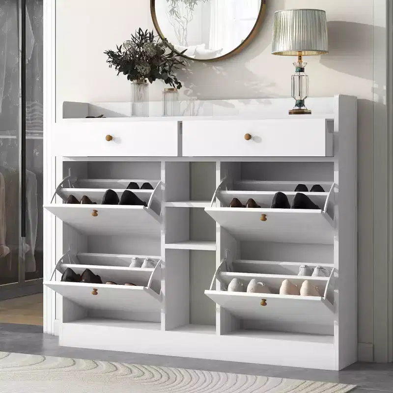 Modern Shoe Cabinet with 4 Flip Drawers - Holds 19 Pairs