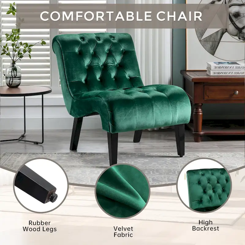 Velvet Armless Accent Chair with Wooden Legs and Thick Cushioned Seat
